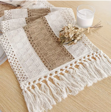 Bohemian Handwoven Tassel Table Runner – 63" Macrame Fringe & Jacquard Detail | Farmhouse Dining & Everyday Decor