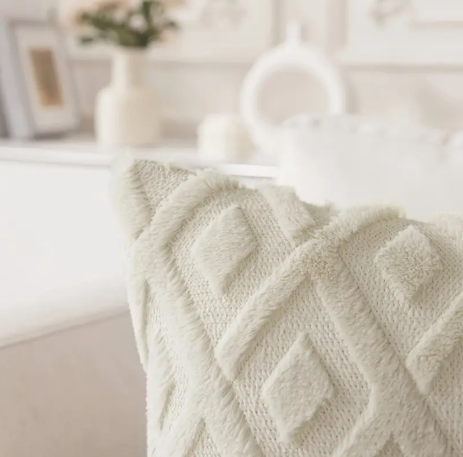 Set of 4 Boho Throw Pillow Covers 18x18 – Shaggy Plush Faux Wool with 3D Embroidered Geometric Pattern, Suede Zippered Cushion Cases for Couch, Bed & Home Decor