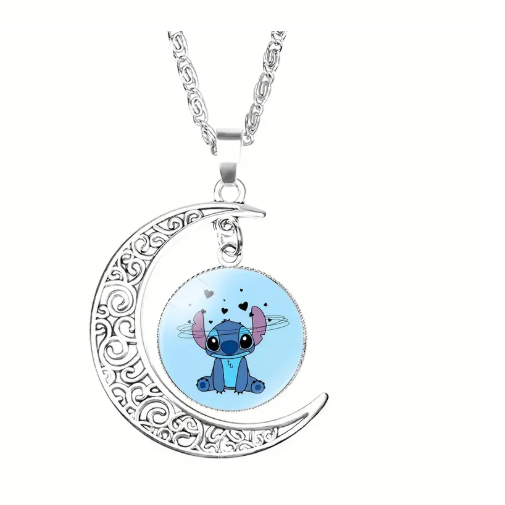 Disney Stitch Crescent Moon Pendant Necklace β Whimsical Glass Dome Jewelry with Heart Accents, Cute Gift for Fans & Teens