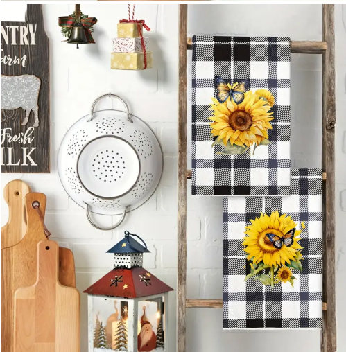 Sunflower/Buffalo Plaid Towels - Set of 2