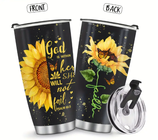 20oz Insulated Stainless Steel Tumbler with Sunflower & Butterfly Design