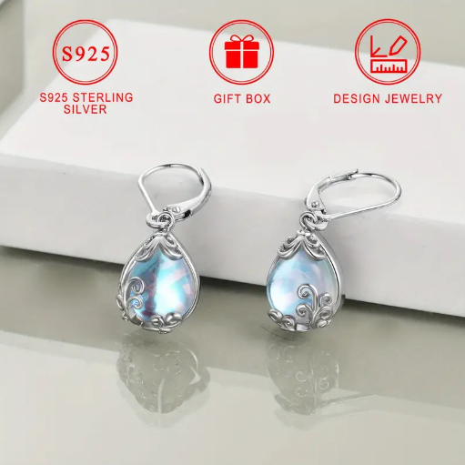 Elegant 925 Sterling Silver Drop & Dangle Earrings - Moonstone Teardrop with Floral Design