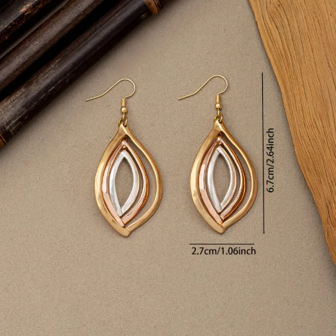 Boho Multi-Tone Layered Leaf Earrings β Gold, Rose Gold & Silver Teardrop Dangles