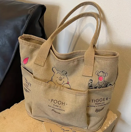Winnie the Pooh Canvas Tote Bag – Lightweight Beige Tote with Piglet & Pooh Design