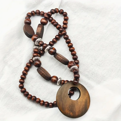 Bohemian Wooden Beaded Necklace – Natural Brown Tones with Large Circle Pendant | Earthy Handmade Statement Jewelry
