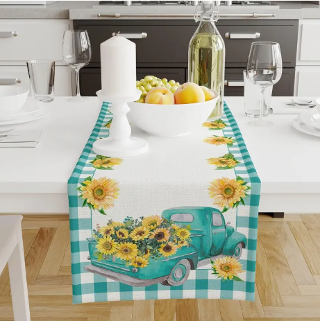 Rustic Teal Truck & Sunflower Table Runner – 13"x72" Farmhouse Country Plaid Burlap-Style Linen Decor for Indoor & Outdoor Dining