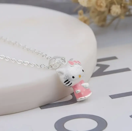 🐱 Sanrio Hello Kitty 3D Charm Pendant Necklace – Cute Pink Polka Dot Dress & Bow