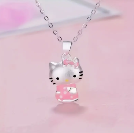 🐱 Sanrio Hello Kitty 3D Charm Pendant Necklace – Cute Pink Polka Dot Dress & Bow