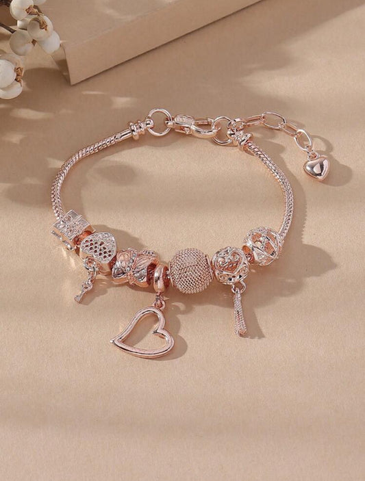 Elegant Rose Gold Charm Bracelet with Heart & Key Dangle – Adjustable Women’s Jewelry Gift