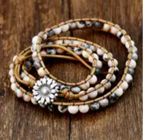 Pink Zebra Stone 3-Layer Wrap Bracelet – Natural Gemstone & Leather Boho Jewelry for Women
