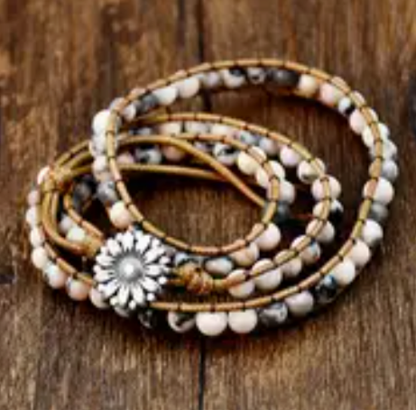 Pink Zebra Stone 3-Layer Wrap Bracelet – Natural Gemstone & Leather Boho Jewelry for Women