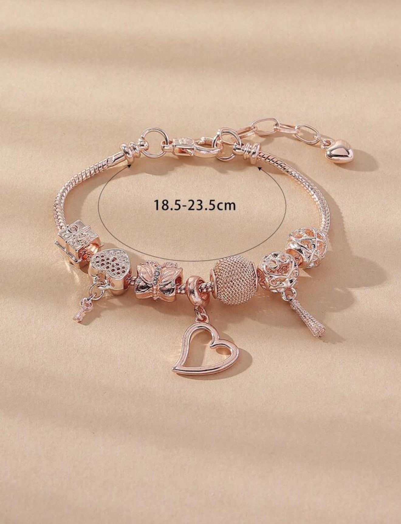 Elegant Rose Gold Charm Bracelet with Heart & Key Dangle – Adjustable Women’s Jewelry Gift