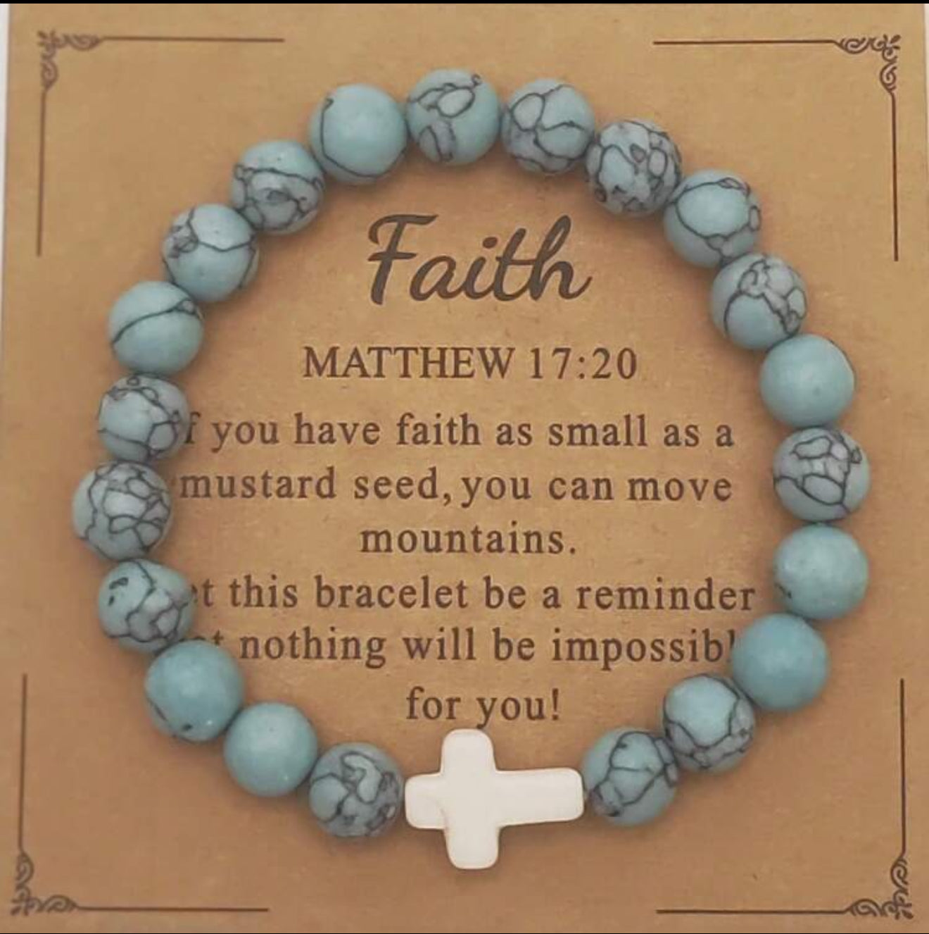 Turquoise Cross Faith Bracelet – 8mm Natural Stone Beads with Healing Message Card