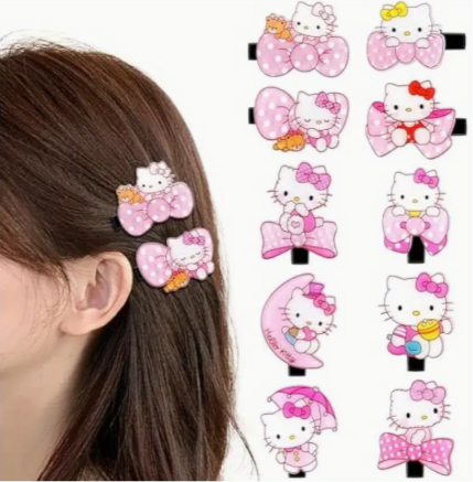 10pcs Licensed Hello Kitty Cartoon Hairpin Set – Cute Pink Acrylic Hair Clips for Girls