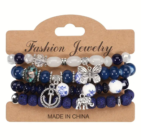 Boho Beaded Bracelet Set – 4-Piece Stack with Charms (Elephant, Butterfly, Anchor)