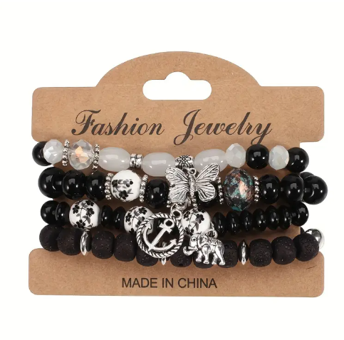 Boho Beaded Bracelet Set – 4-Piece Stack with Charms (Elephant, Butterfly, Anchor)