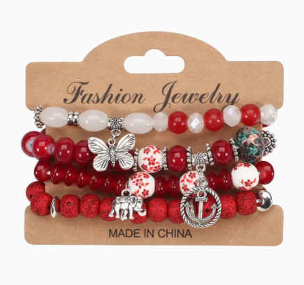 Boho Beaded Bracelet Set – 4-Piece Stack with Charms (Elephant, Butterfly, Anchor)