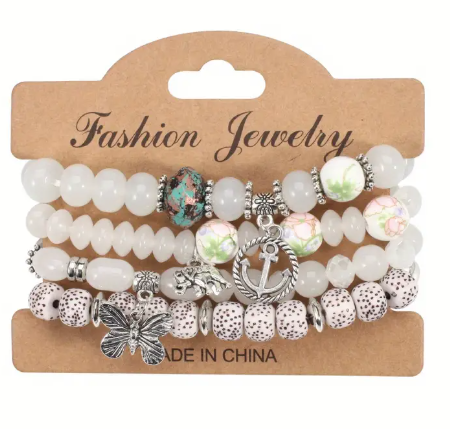 Boho Beaded Bracelet Set – 4-Piece Stack with Charms (Elephant, Butterfly, Anchor)