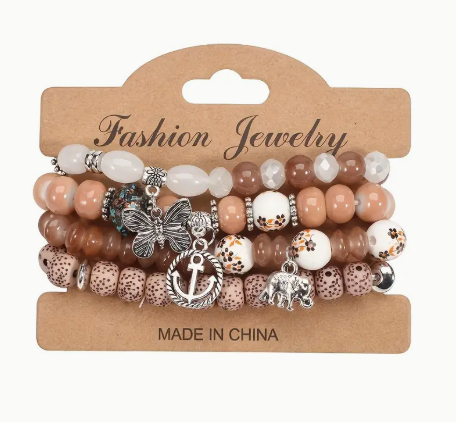 Boho Beaded Bracelet Set – 4-Piece Stack with Charms (Elephant, Butterfly, Anchor)