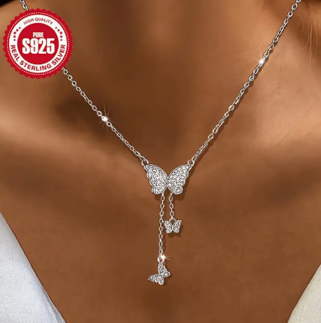 925 Sterling Silver Elegant Butterfly Pendant Necklace Luxury Zirconia Inlaid Tassel Design