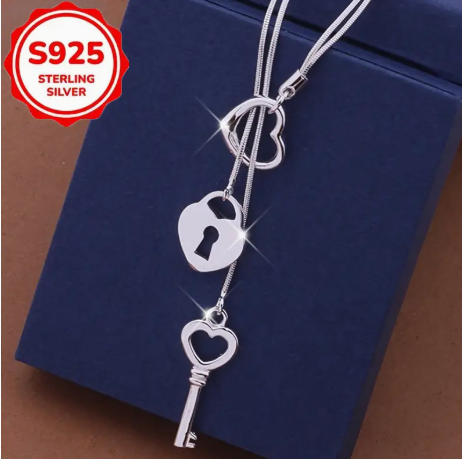 Elegant 925 Sterling Silver Heart/Lock/Key Necklace