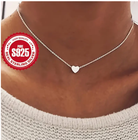 925 Pure Silvery Compact Love Pendant Necklace Plain Chain