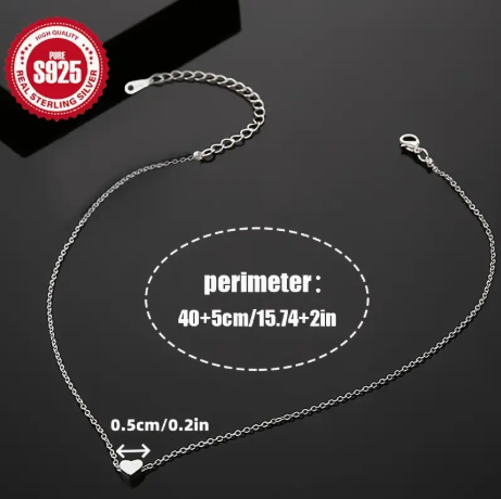 925 Pure Silvery Compact Love Pendant Necklace Plain Chain