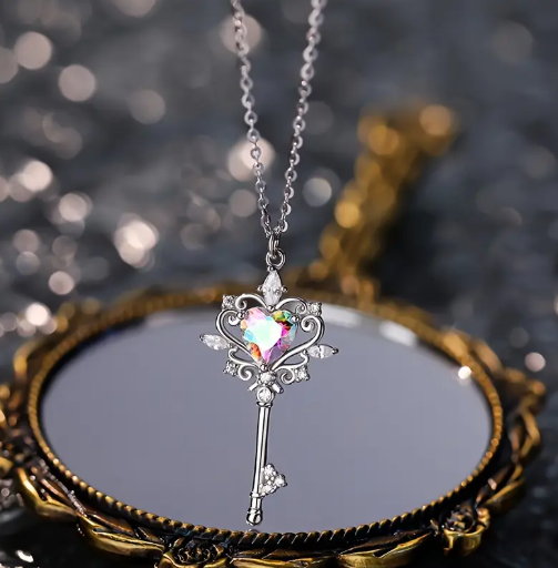Elegant 925 Sterling Silver Key Pendant Necklace with Rainbow Heart Gemstone