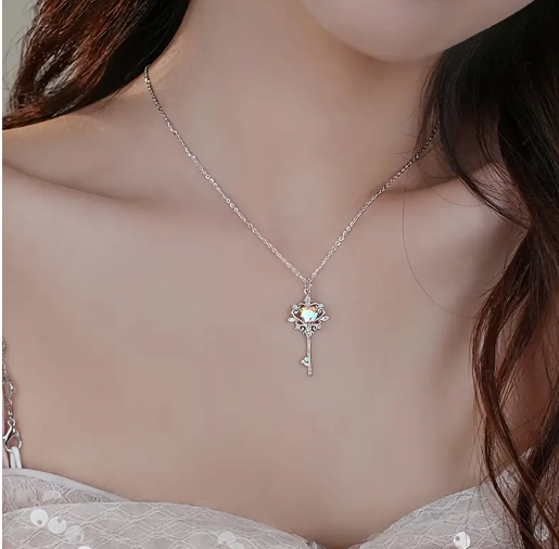 Elegant 925 Sterling Silver Key Pendant Necklace with Rainbow Heart Gemstone