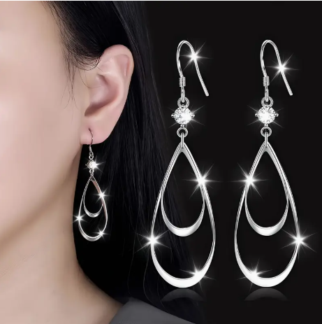925 Sterling Silver Double Waterdrop Dangle Earrings – Elegant Long Drop Earrings for Women