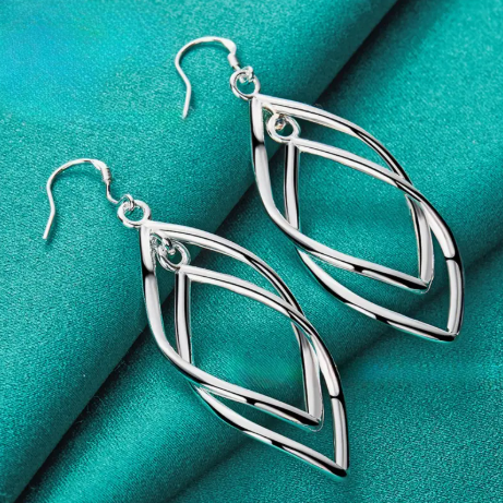 925 Silver Double Rhombus Drop Earrings – Elegant Twist Design with Sterling Earring Post
