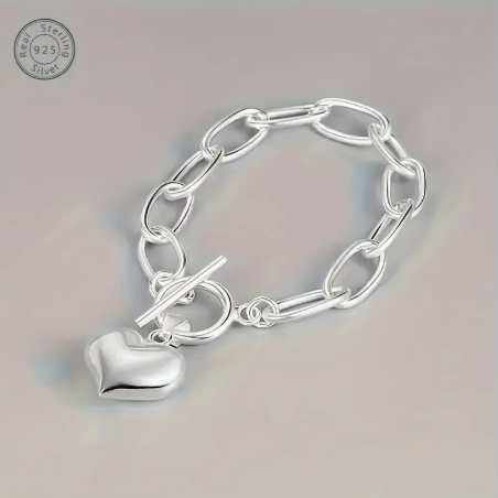 925 Sterling Silver Heart Charm Bracelet – Elegant Toggle Clasp Design, Hypoallergenic Link Chain Jewelry for Women