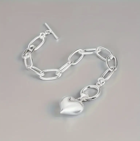 925 Sterling Silver Heart Charm Bracelet – Elegant Toggle Clasp Design, Hypoallergenic Link Chain Jewelry for Women