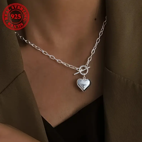 925 Sterling Silver Elegant Heart Pendant Necklace with T Clasp
