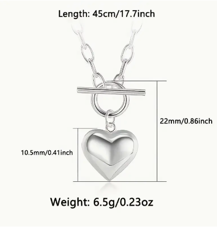 925 Sterling Silver Elegant Heart Pendant Necklace with T Clasp