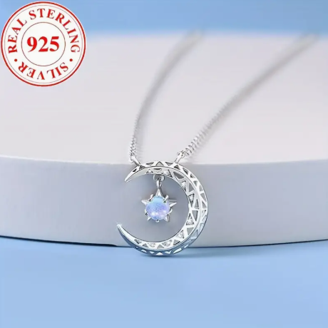 925 Sterling Silver Crescent Moon Blue Star Cubic Zirconia Dainty Choker Necklace
