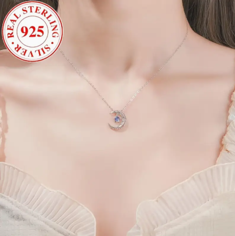 925 Sterling Silver Crescent Moon Blue Star Cubic Zirconia Dainty Choker Necklace