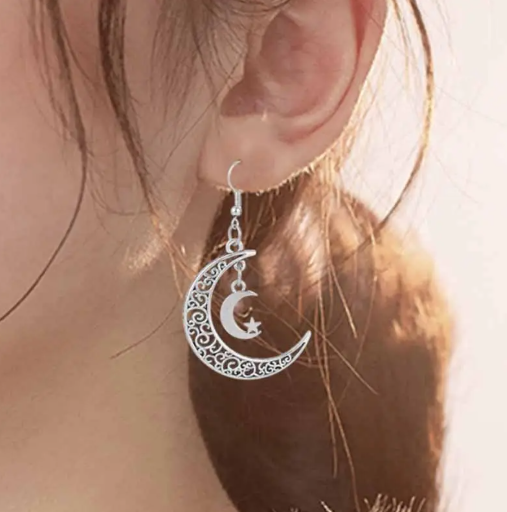 925 Sterling Silver Star & Moon Hollow Dangle Earrings – Hypoallergenic Trendy Celestial Jewelry for Women