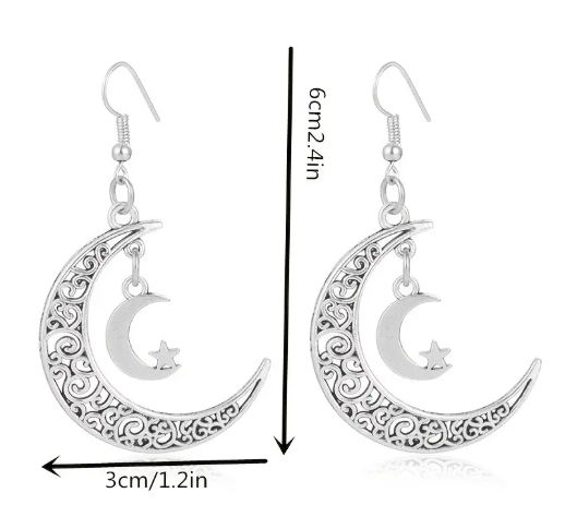 925 Sterling Silver Star & Moon Hollow Dangle Earrings – Hypoallergenic Trendy Celestial Jewelry for Women
