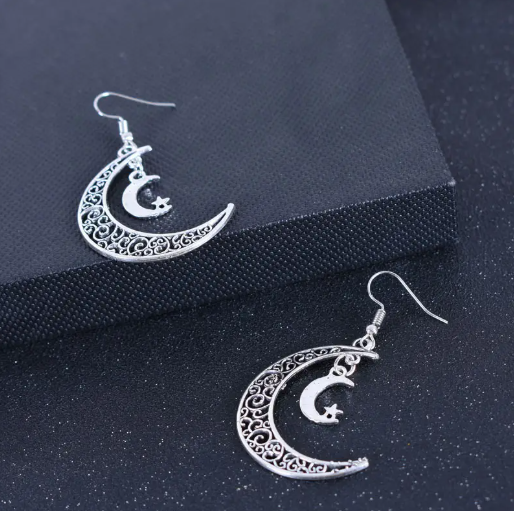 925 Sterling Silver Star & Moon Hollow Dangle Earrings – Hypoallergenic Trendy Celestial Jewelry for Women