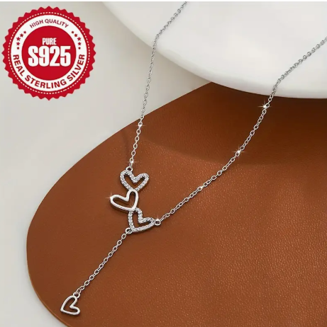 925 Sterling Silver Triple Heart Tassel Necklace – Hypoallergenic Y-Shaped Clavicle Chain for Women