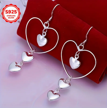 925 Sterling Silver Triple Heart Dangle Earrings – Lightweight & Romantic Drop Earrings for Women