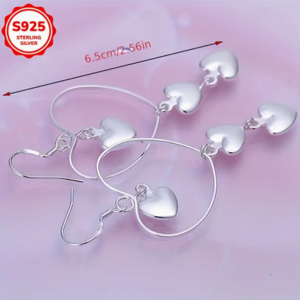925 Sterling Silver Triple Heart Dangle Earrings – Lightweight & Romantic Drop Earrings for Women