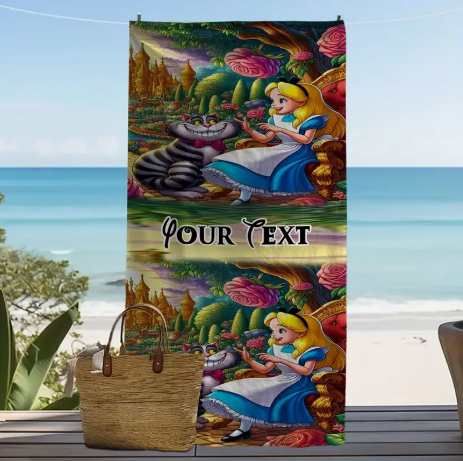 🌀 Alice in Wonderland Custom Text Beach Towel - Whimsical Fantasy Design, Ultra-Soft & Quick-Dry