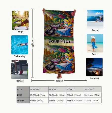 🌀 Alice in Wonderland Custom Text Beach Towel - Whimsical Fantasy Design, Ultra-Soft & Quick-Dry