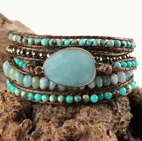 Amazonite & Turquoise 5-Strand Natural Stone Beaded Wrap Bracelet