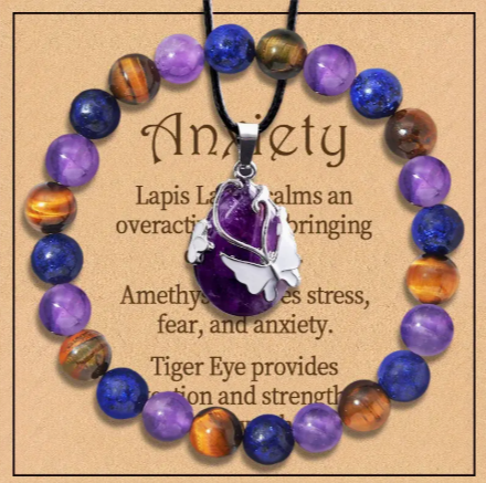 Lapis Lazuli, Amethyst & Tiger Eye Jewelry Set – 2-Piece Anxiety Relief Necklace and Bracelet for Calming and Strength