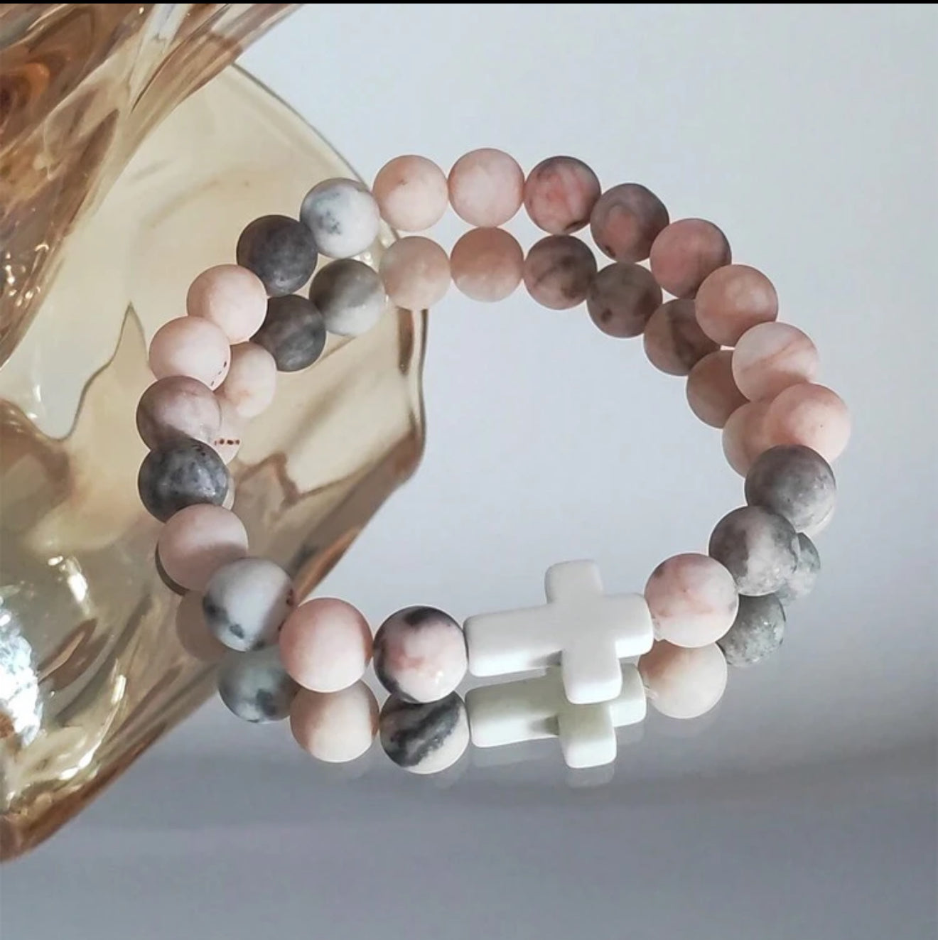 Pink Natural Stone Cross Faith Bracelet – 8mm Healing Beads for Christian Women