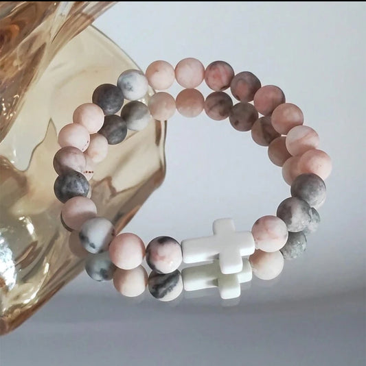 Pink Natural Stone Cross Faith Bracelet – 8mm Healing Beads for Christian Women