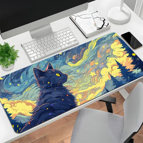 Extra-Large Van Gogh-Inspired Black Cat Desk Mouse Pad